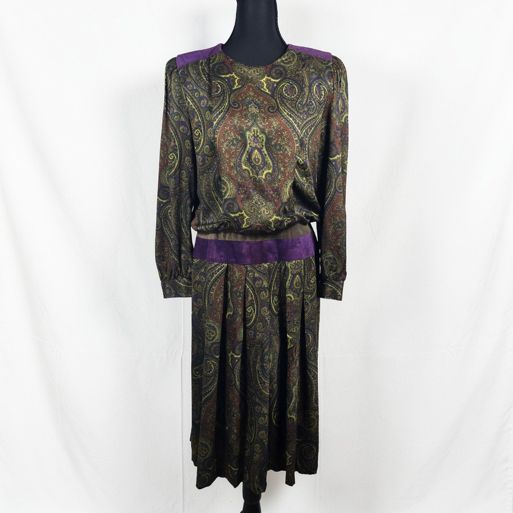 Vintage Patty O'Neil Petites Paisley Midi Dress‎ Purple Suede Trim Rayon Size 12